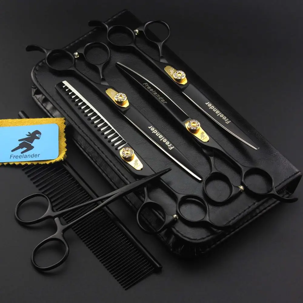shark teeth set 7 дюймов прямые изогнутые филировочные ножницы набор с чехлом профессиональные домашние грумеры собачья кошачья шерсть ножницы для стрижки парикмахерский стиль - Цвет: shark teeth set