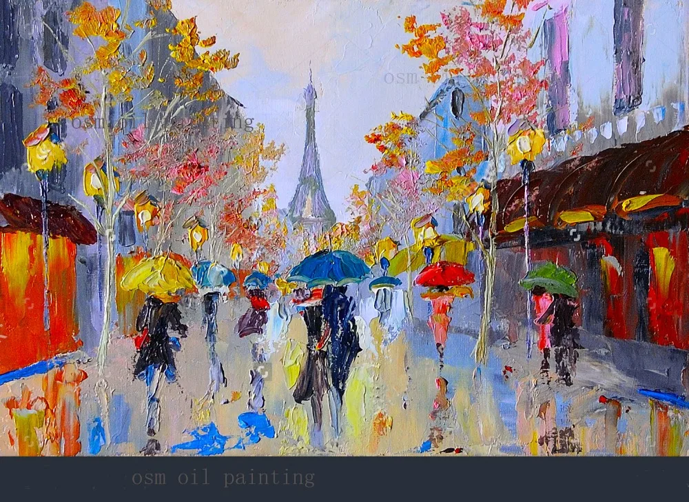 

Handmade Abstract Knife Palette Landscape Oil Painting Unique Wall Canvas Painting Handicraft France Eiffel Tower Couple in Rain