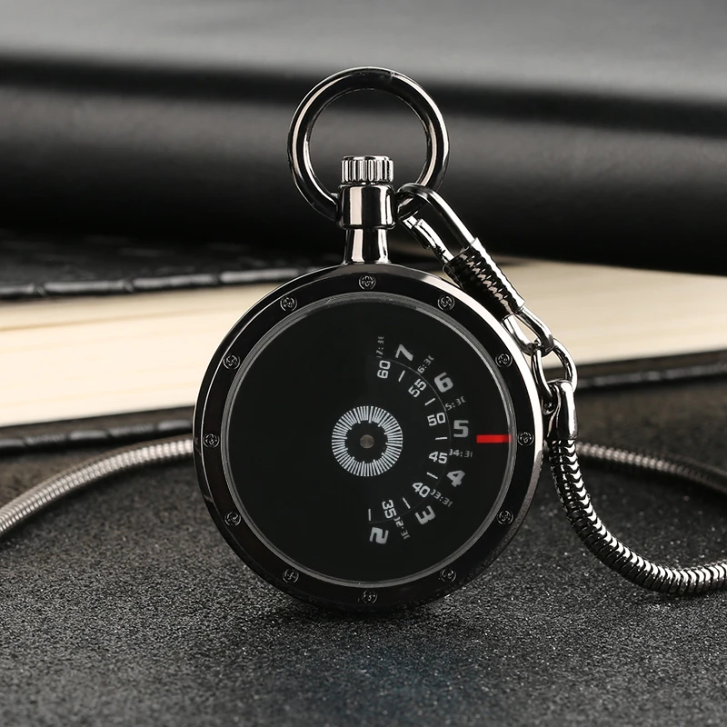 

Novel Black Unique Turntable Steel Pocket Watch Unisex Creative Design Quartz Watches Men Women Best Pendant Gift Snake Chain