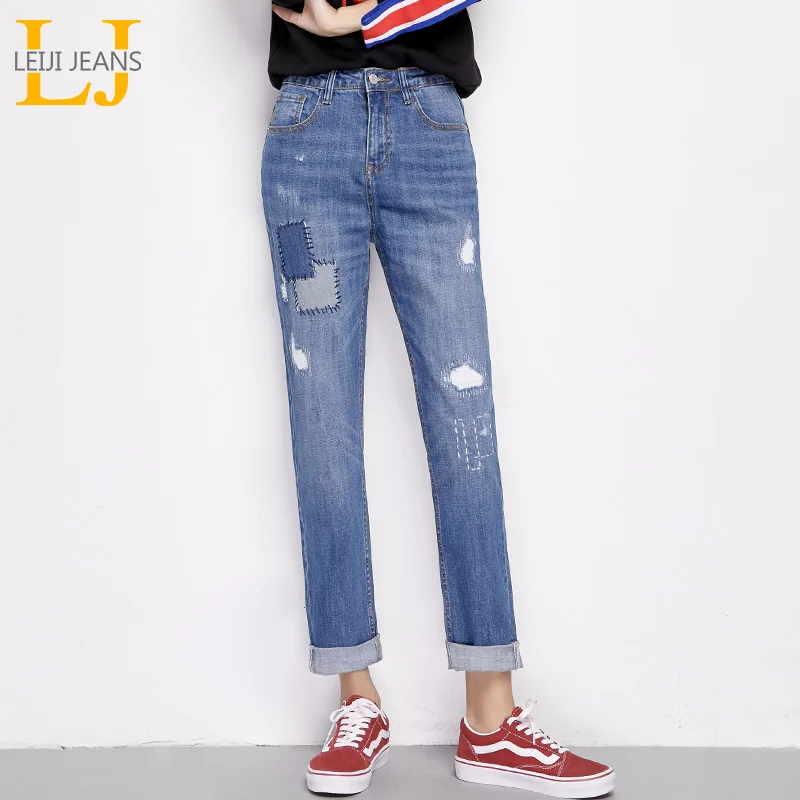 Женские джинсы бойфренды LEIJIJEANS рваные отбеленные полной длины со средней талией