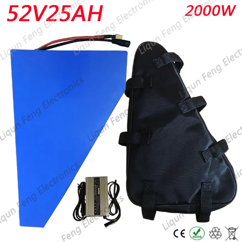 52 V 25AH треугольная батарея 52 V 25AH электрическая велосипедная батарея 52 V 1000 W 2000 W литиевая батарея 50A BMS+ 58,5 V 5A зарядка+ сумка
