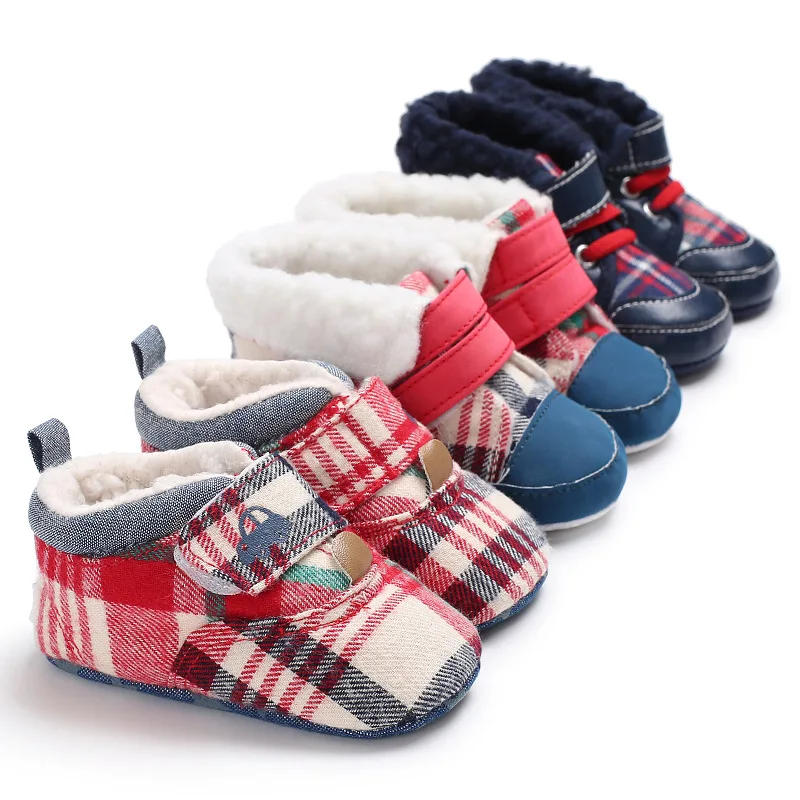

Winter 0-1 baby boy plaid plus velvet non-slip soft bottom baby toddler shoes