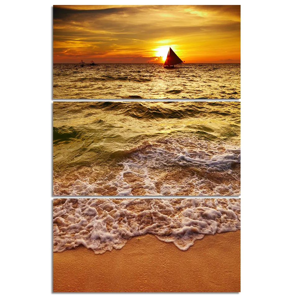 

Artsailing 3 Piece Golden Sea Wave Canvas Painting HD Printed Yellow Seascape Pic Modular Pictures Sunset Beach Canvas Prints