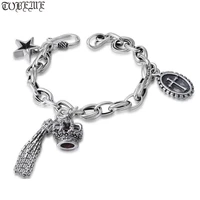 new 100 925 silver chain bracelet sterling lady bracelet vintage silver bohemia bracelet with tassel crown and cross charm