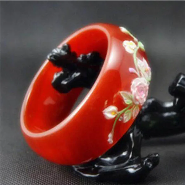 58-63 mm Genuine Natural Red Agate Woman Bangle with Flower Wide Retro Bracelet | Bangles
