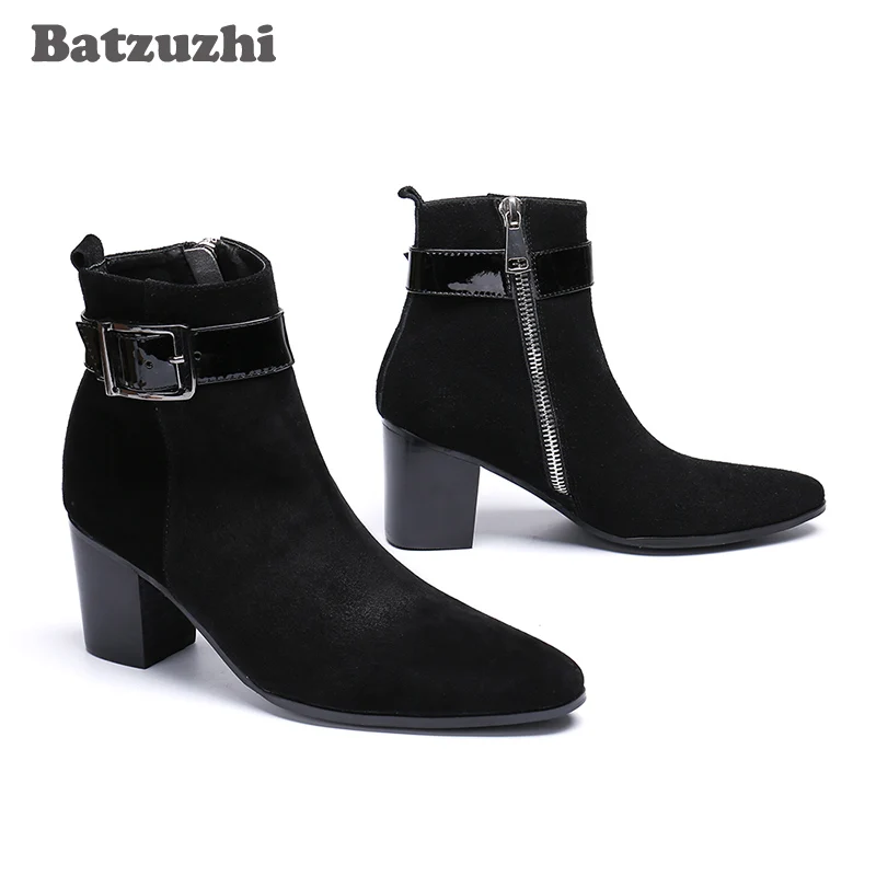 Batzuzhi/Мужские ботинки в Корейском стиле черные замшевые ботильоны с острым носком