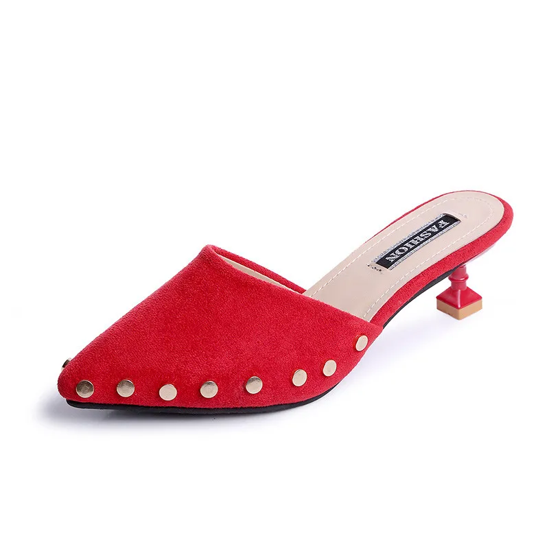 Женские босоножки без задника красные туфли на среднем каблуке с заостренным