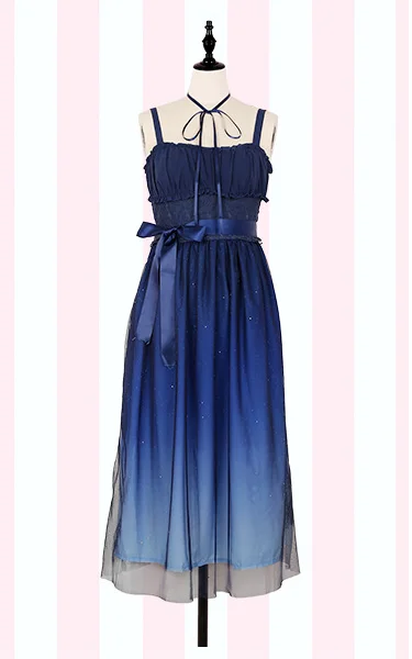 only long dress JSK блестящие звезды Лолита платье Градиент JSK звезда синий Девушки Твердые Необычные платья Кружева Гофрированный складчатый платье с рубашкой комплект - Цвет: only long dress