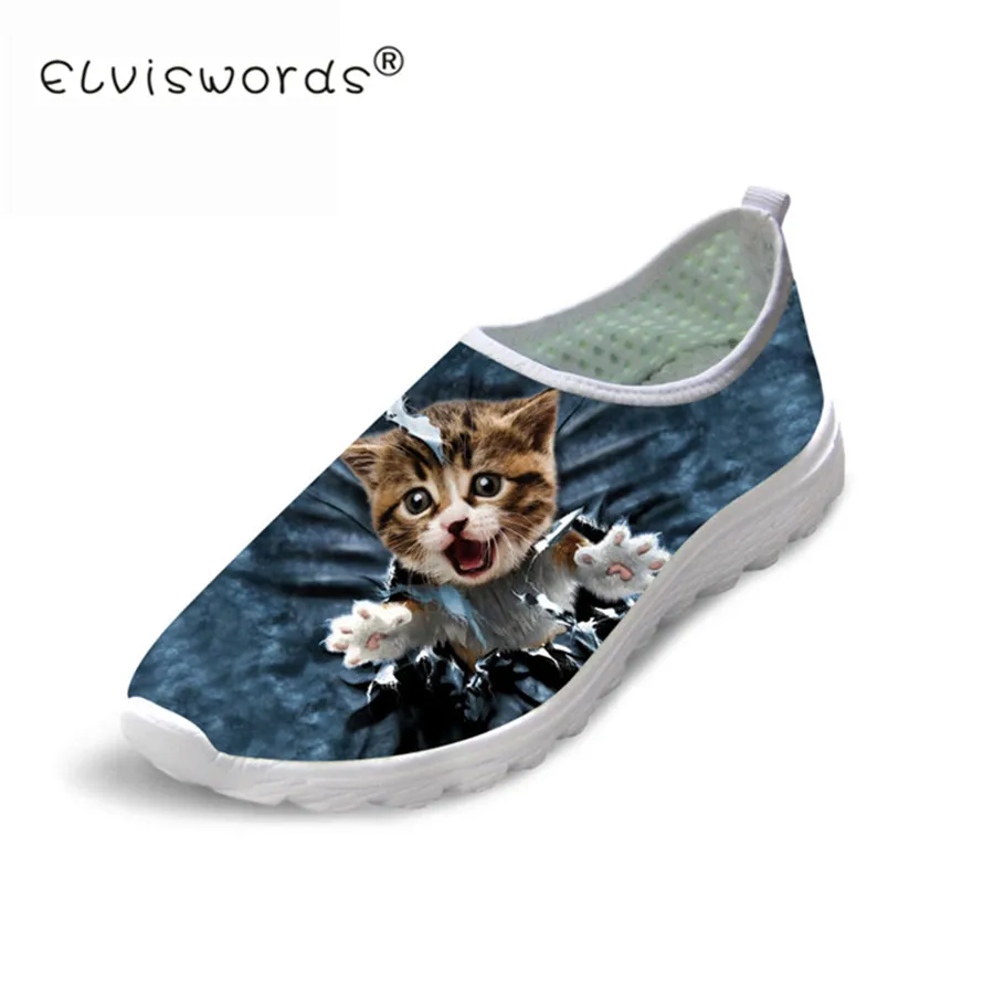 Туфли ELVISWORDS с 3D рисунком кошки для женщин Повседневные Симпатичные лоферы на