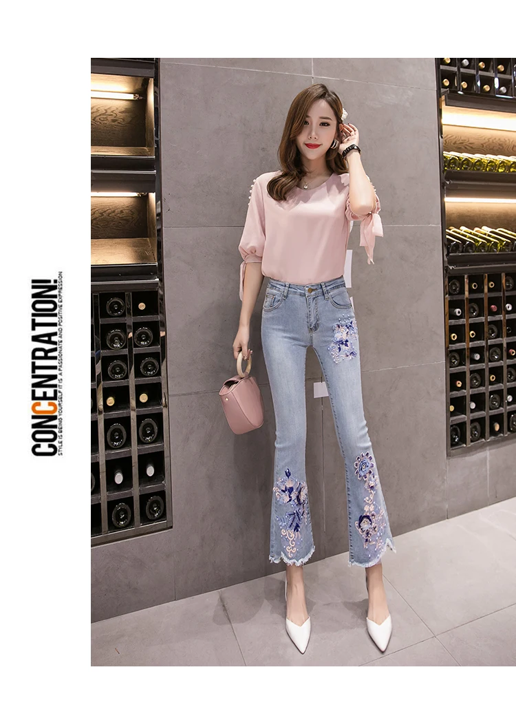 3D вышивка цветок Бисероплетение Жемчуг Джинсы женские расклешенные брюки повседневные эластичные Высокая талия размера плюс джинсовые длинные брюки светильник синий