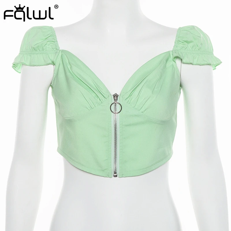 Женский укороченный топ на молнии FQLWL белый бретелях с v образным вырезом и