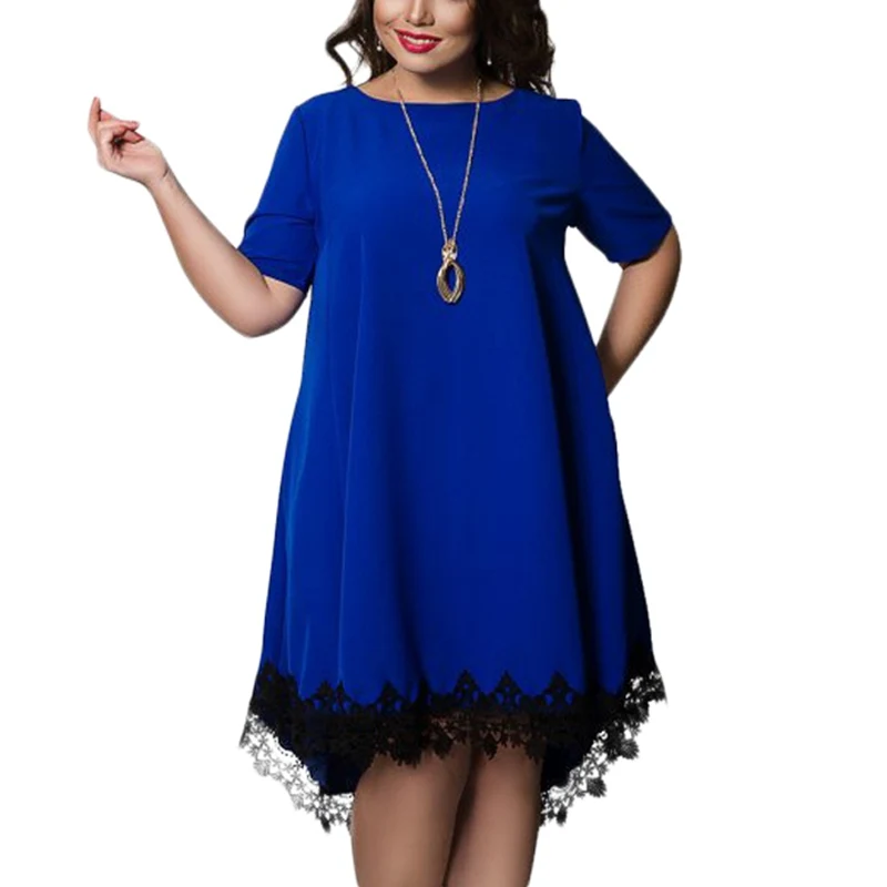 Летние женские большие размеры 6XL повседневные с круглым вырезом с коротким рукавом и открытой спиной, однотонное кружевное платье с панелью