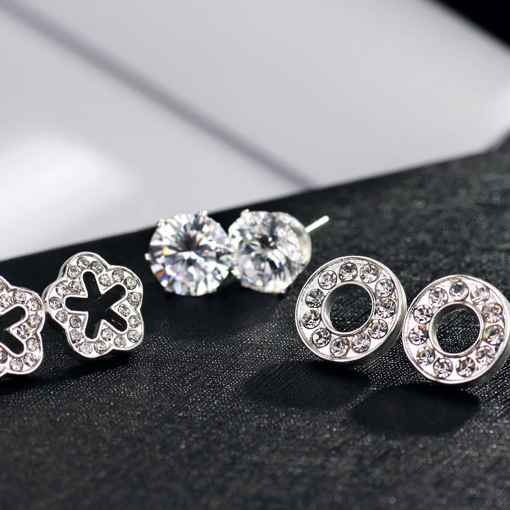 Серьги гвоздики Neoglory стразы маленькие три пары набор белых цветов для женщин