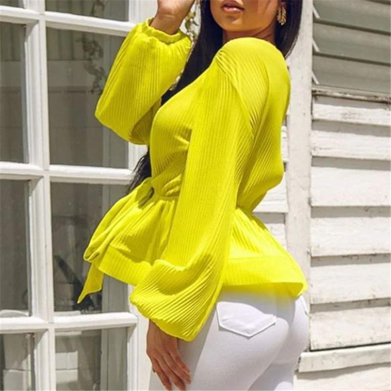 Женские блузки Рубашки Топы глубокий v образный вырез с поясом баской рукава