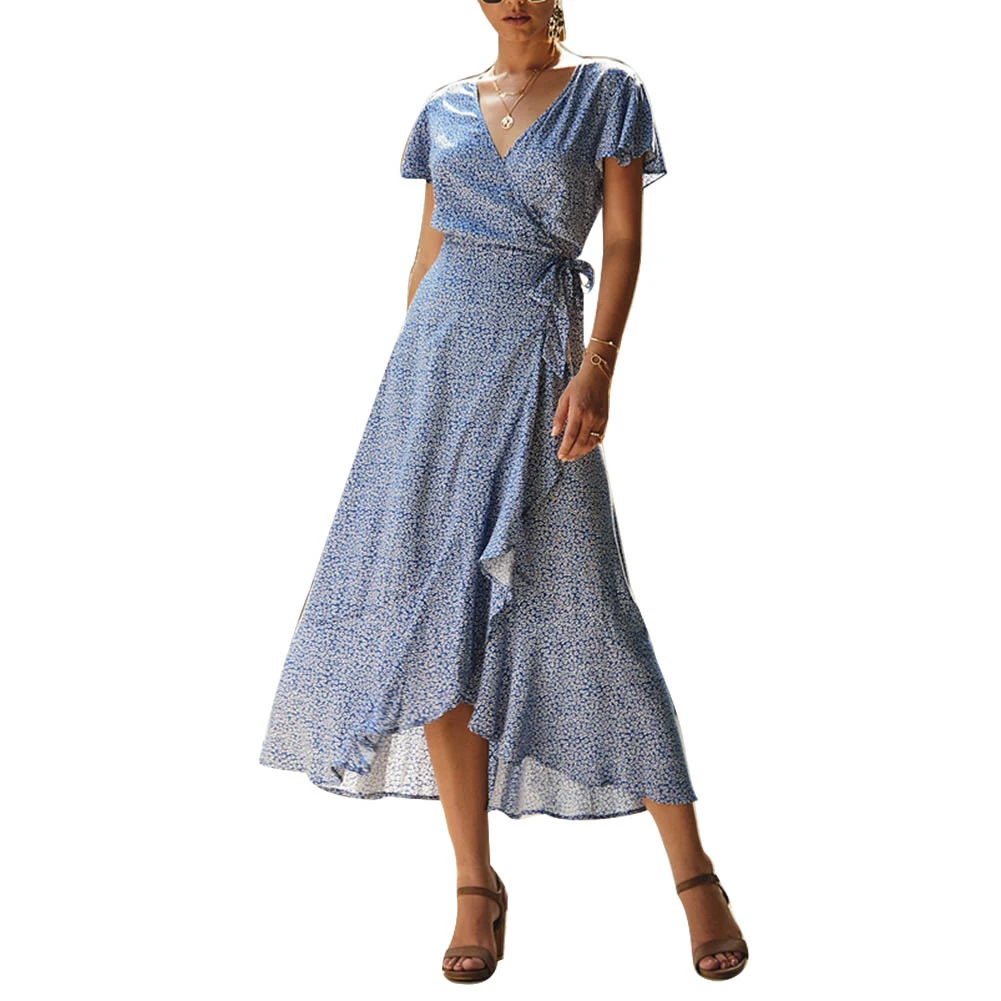 Женское пляжное длинное платье с v-образным вырезом коротким рукавом и цветочным