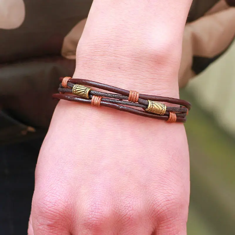 Мужской винтажный браслет из натуральной кожи сплава бронзы и черного цвета|bangle