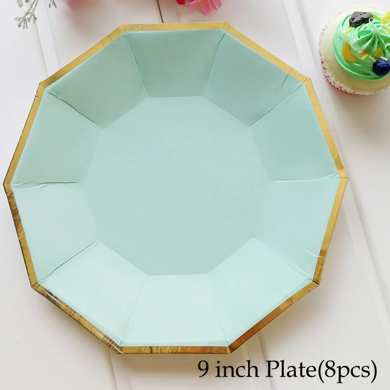 9 inch Plate 8pcs 8 шт./компл. сусального золота розовые одноразовые столовые приборы на Рождество, праздничное платье на свадьбу, бумажные тарелки для дней рождения, чашки для вечеринок по случаю Дня рождения пластиковых соломинок - Цвет: 9 inch Plate 8pcs