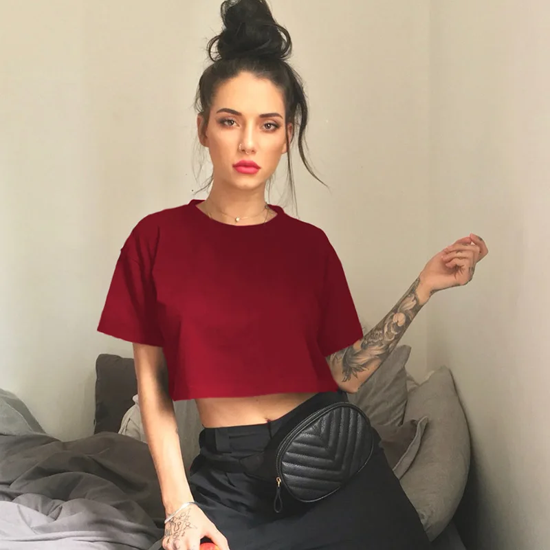 solid color loose crop top women casual short sleeve t shirt white black gray red pink yellow green mini | Женская одежда