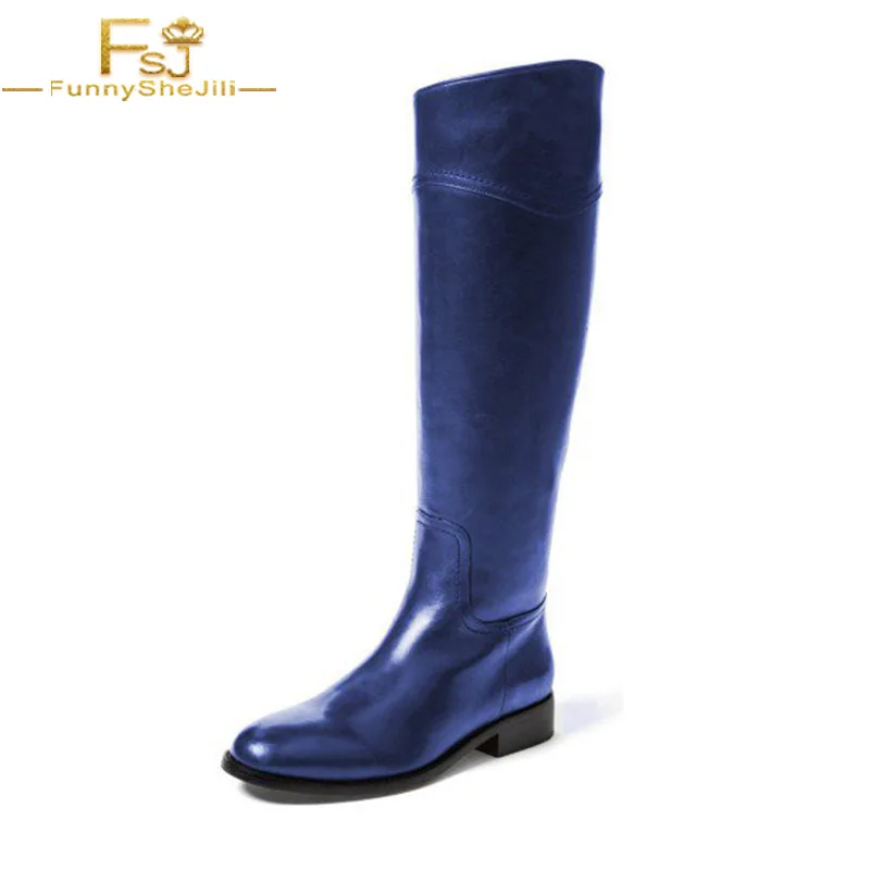 

Indigo Blue Shiny Mid-Calf Polyurethane Zip Solid Low Chunky Heel Fashion Work, Date Women Boots Flat Round Toe Knee Boots