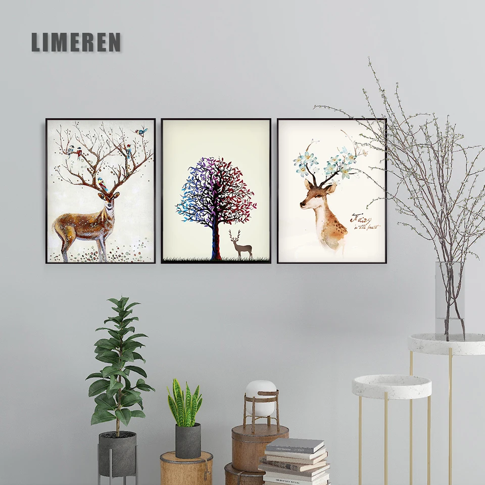Акварель абстрактная голова оленя forst плакаты принты стена в скандинавском стиле