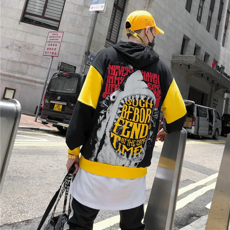 Мужская толстовка с капюшоном Harajuku Лоскутная Акула печати пуловер Толстовка