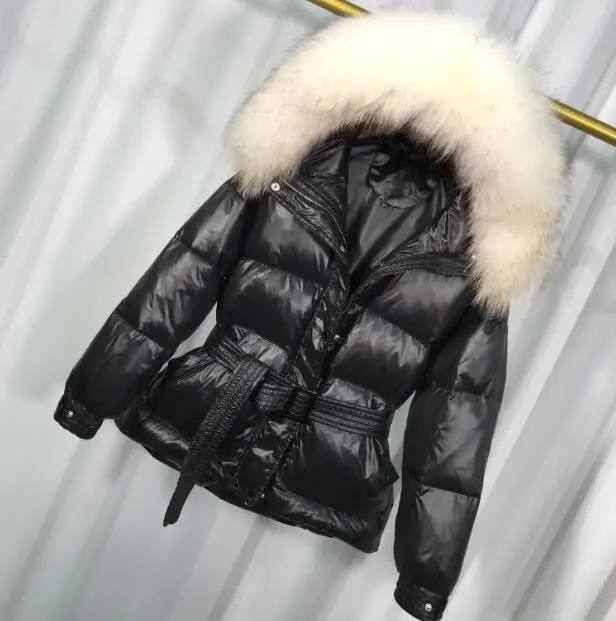 black coat white fur Новинка, зимняя куртка с воротником из натурального меха, Женское пальто, ультра теплый светильник, 90% утиный пух, куртка с капюшоном, верхняя одежда - Цвет: black coat white fur