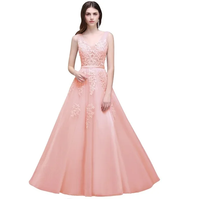 Pearl Pink Элегантное Тюлевое без рукавов серебряное длинное платье для выпускного вечера аппликация v-образный вырез платье для выпускного вечера vestido de gala - Цвет: Pearl Pink