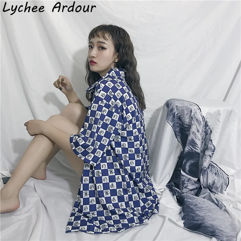 Lychee Ardour Plaid Cartoon Mouse Women Blouse Shirt Turn-Down Collar Half Sleeve Summer Female Casual Long |