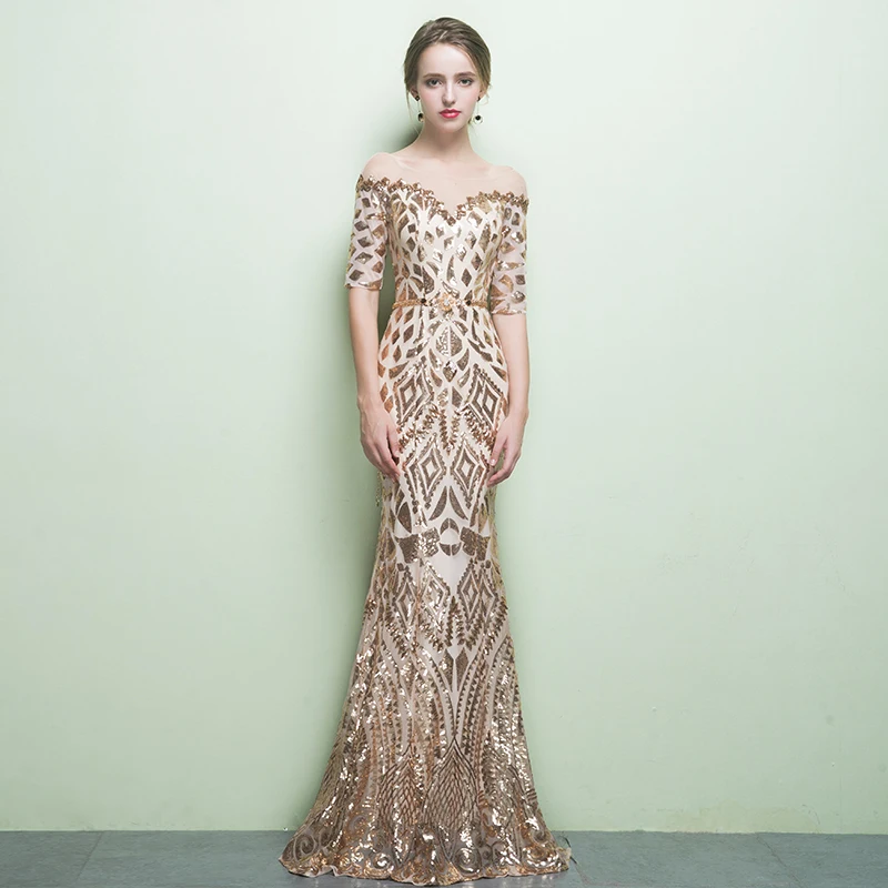 Vestido de festa с вырезом Лодочка пикантное Золотое вечерние платья пайетками