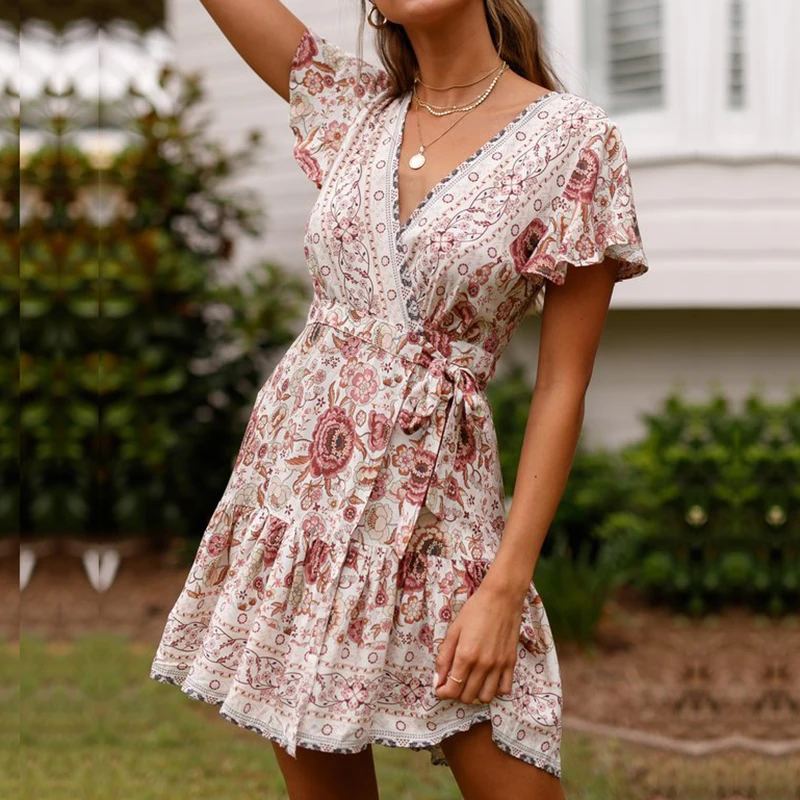 Летнее платье 2019 Новое поступление мини с цветочным принтом женское пляжное v