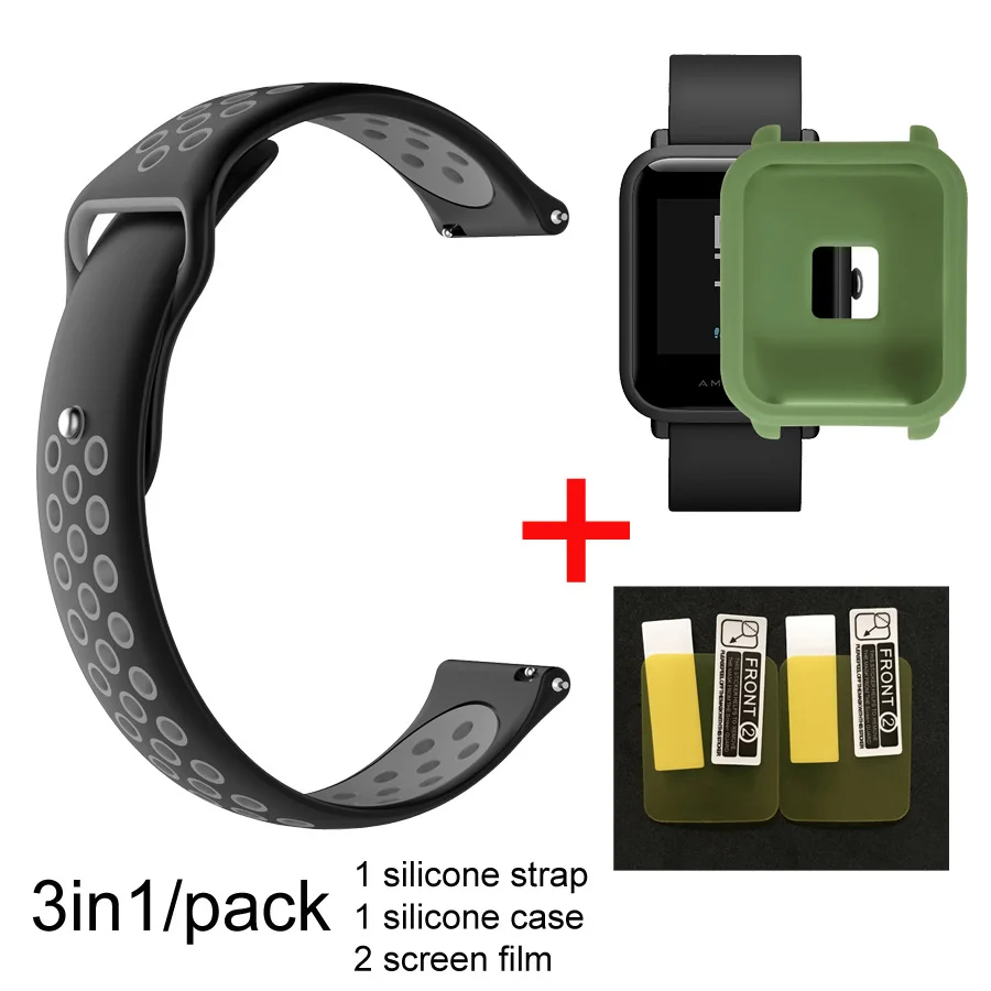 black grey-greencase 3в1 ремешок для часов Huami Amazfit ремешок Bip для Amazfit Bip чехол силиконовый ремешок защитный чехол для экрана аксессуары - Цвет: black grey-greencase