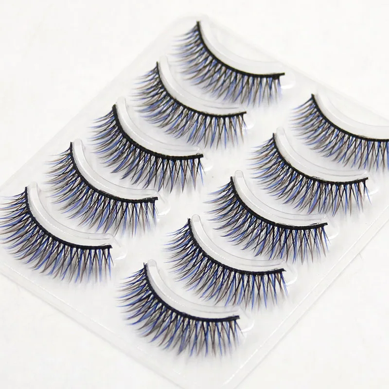 5 pairs Fashion Stage Show Makeup False Eyelashes Color Exaggerated Cotton Thread Blue Brown Cross Soft Fake | Красота и здоровье