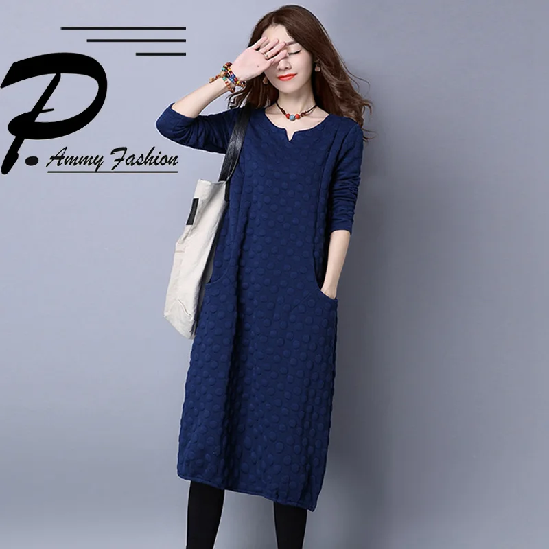 Женское негабаритное хлопковое платье с длинными рукавами и v-образным вырезом