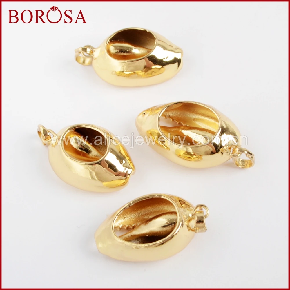 

BOROSA 10PCS Fashion Full Gold Color Natural Cowrie Shell Pendant Beads Gems Druzy Jewelry Findings for Women Necklace G1523