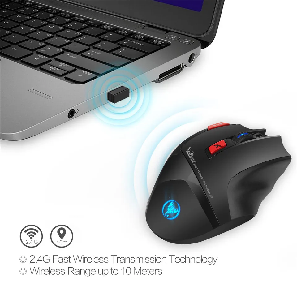 HXSJ T88 Беспроводная игровая мышь 7-Key эргономичный дизайн Поддержка макросъемки 7 цветов подсветки-перезаряжаемая до 4800 точек/дюйм