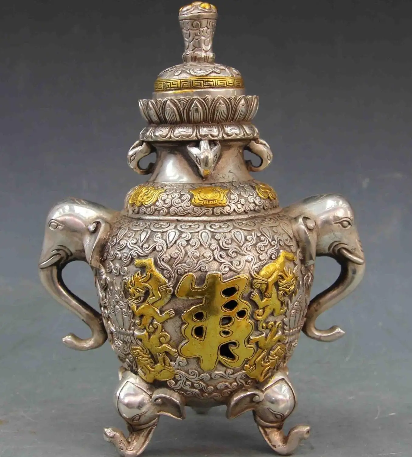 

Tibet White Copper Silver lotus flower Fu Shou Beast Censer incense burner