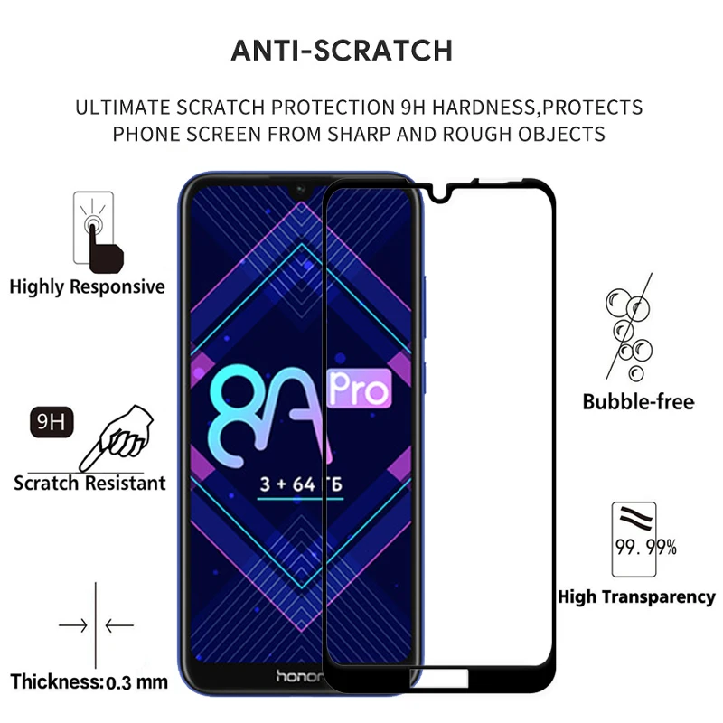 2 шт Полное покрытие закаленное стекло для huawei Honor 8A Pro защита экрана на защитное стекло чехол для JAT L41 пленка