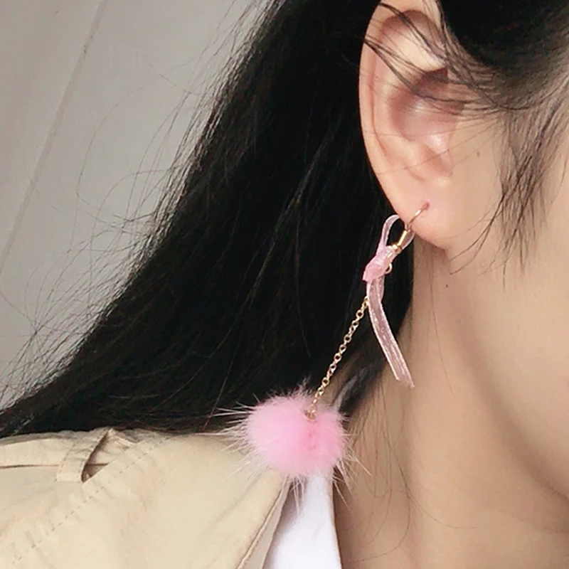 Korean Style Soft Fur Ball PomPom Cute Bowknot Drop Earrings For Women New Year Winter Party Jewelry Brincos Gifts | Украшения и