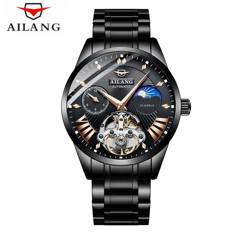 Steel Black Роскошные механические часы с каркасом турбийоном, Мужские автоматические Классические Механические наручные часы из розового золота и кожи, Reloj Hombre - Цвет: Steel Black