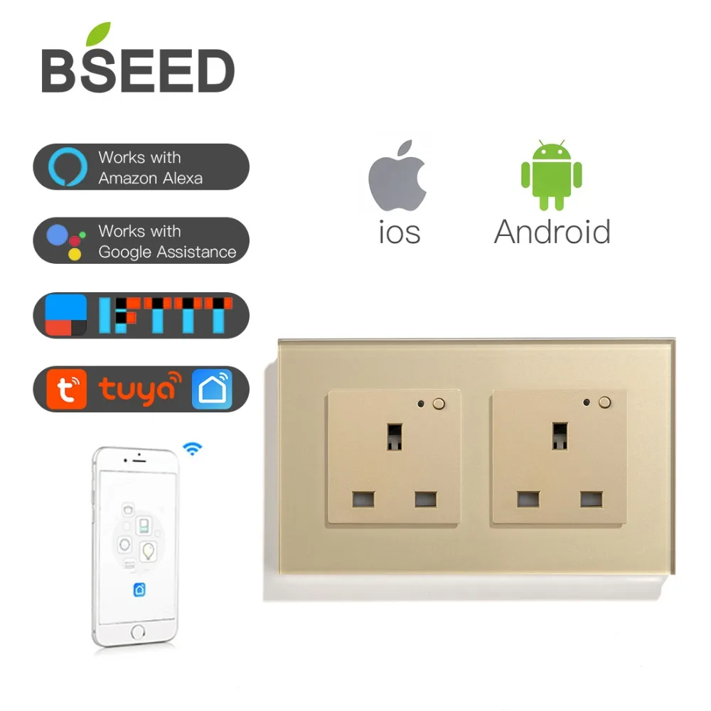 BSEED стандарт Великобритании Wifi Беспроводная двойная розетка настенная розетка 3 цвета белый черный глоден работает с Tuya Alexa IFTTT Google