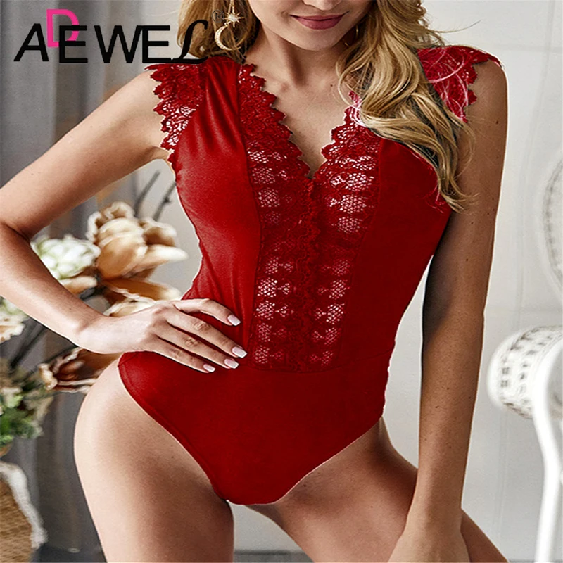 Женский комбинезон с глубоким v-образным вырезом ADEWEL кружевной вырезами