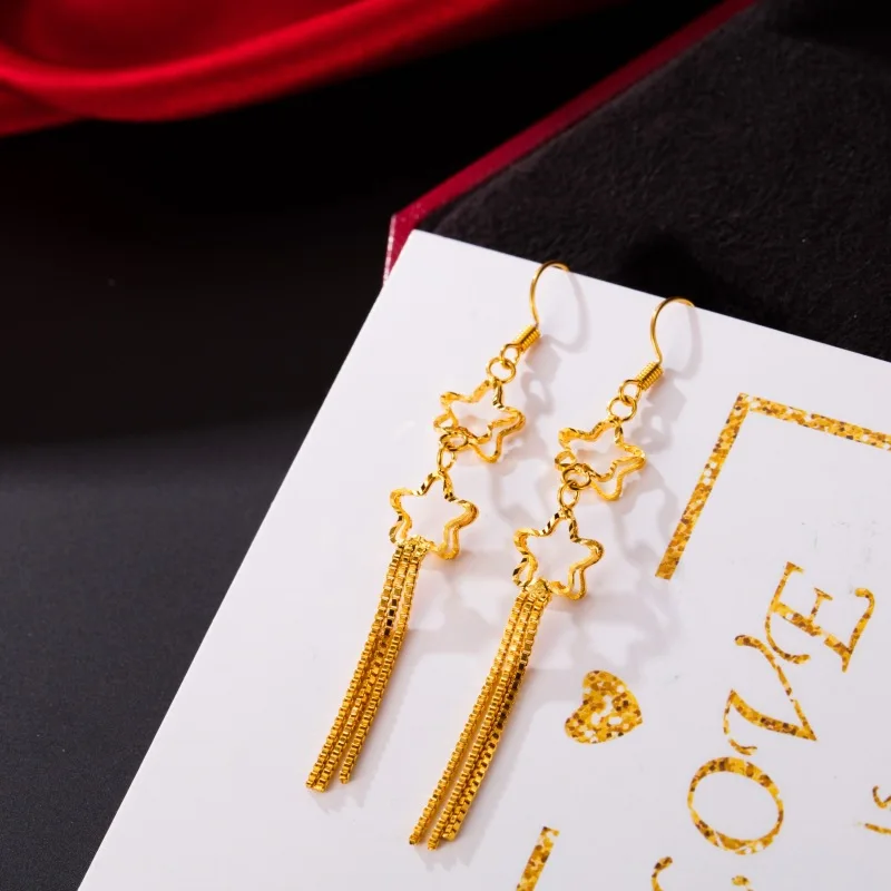 1Pair Fashion Jewelry five-pointed Star Tassel Earring Hypoallergenic Long-lasting Color Plated Gold Earrings Sand Women's | Украшения