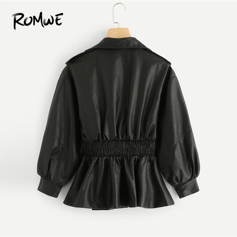 ROMWE/однотонная куртка с рукавом-Бишопом, крутая черная модная женская верхняя одежда с воротником-водопадом, Повседневная весенне-осенняя верхняя одежда с рюшами
