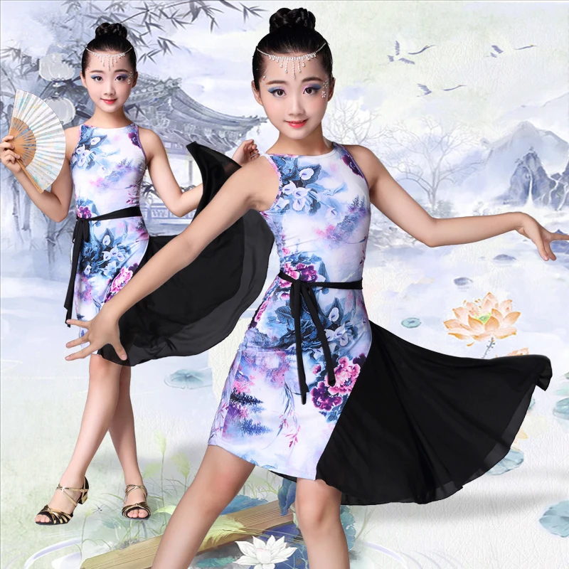 

New Style Girl Latin Dress Printed Skirt Dance Performance Costume Children Latin Skirt Professional Competition Practice Dress