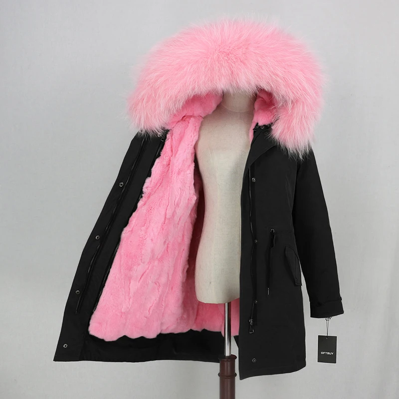 black pure pink Водонепроницаемая длинная парка от OFTBUY, пальто с натуральным мехом, зимняя женская куртка, воротник из натурального меха енота, подкладка из натурального кроличьего меха, съемная теплая - Цвет: black pure pink