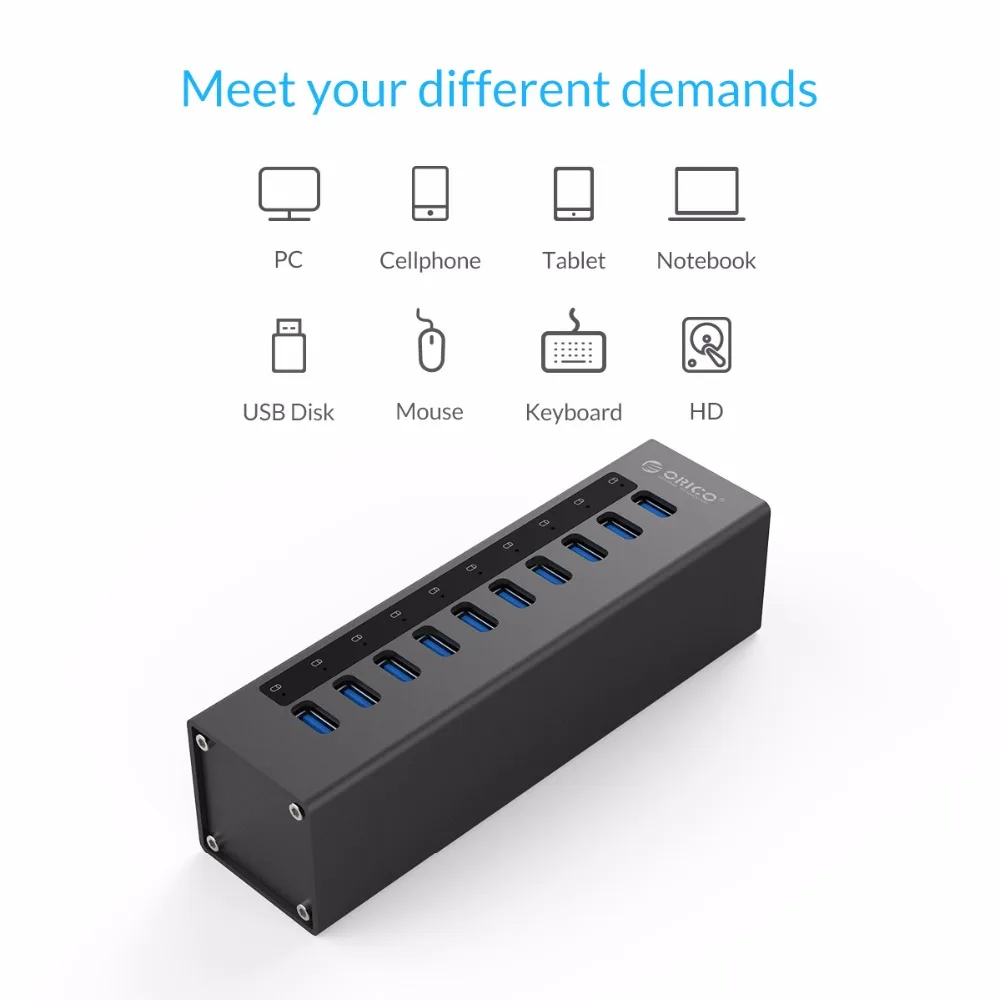 ORICO A3H10 USB 3,0 концентратор дизайн с адаптером питания алюминиевый 10 портовый USB 3,0 концентратор-черный