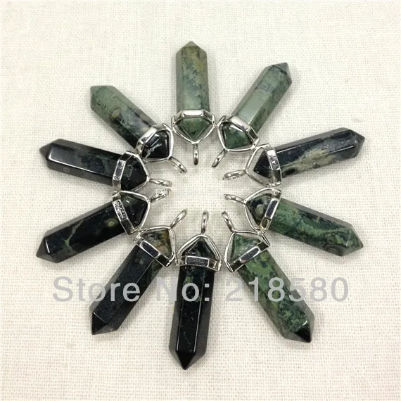 

H-RQP21 Green Granite Stone Hexagon Point Pendant Silver Bail