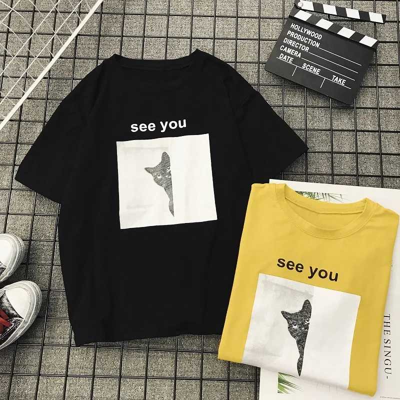 Cute Cat Letter Cartoon Print Funny T Shirts Women 2018 O-neck Short Sleeve Casual Summer Tops Femme Streetwear | Женская одежда