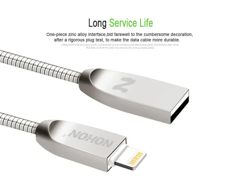 NOHON для Apple, USB кабель, металлический кабель для быстрой зарядки, USB кабель для iPhone 7, 6, 6S Plus, 5, 5S, SE, iPad, iPod, iOS, 8, 9, 10, телефонный кабель для синхронизации данных