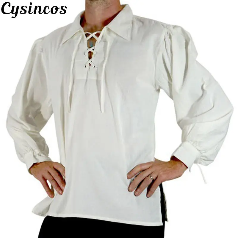 CYSINCOS, мужской костюм средневекового возрождения для косплея, блузка, весна-осень, шнуровка, мандарлин, воротник, повязка, черные, белые рубашки